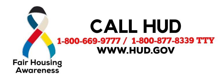 HUD logo with Fair Housing ribbon logo and HUD phone number