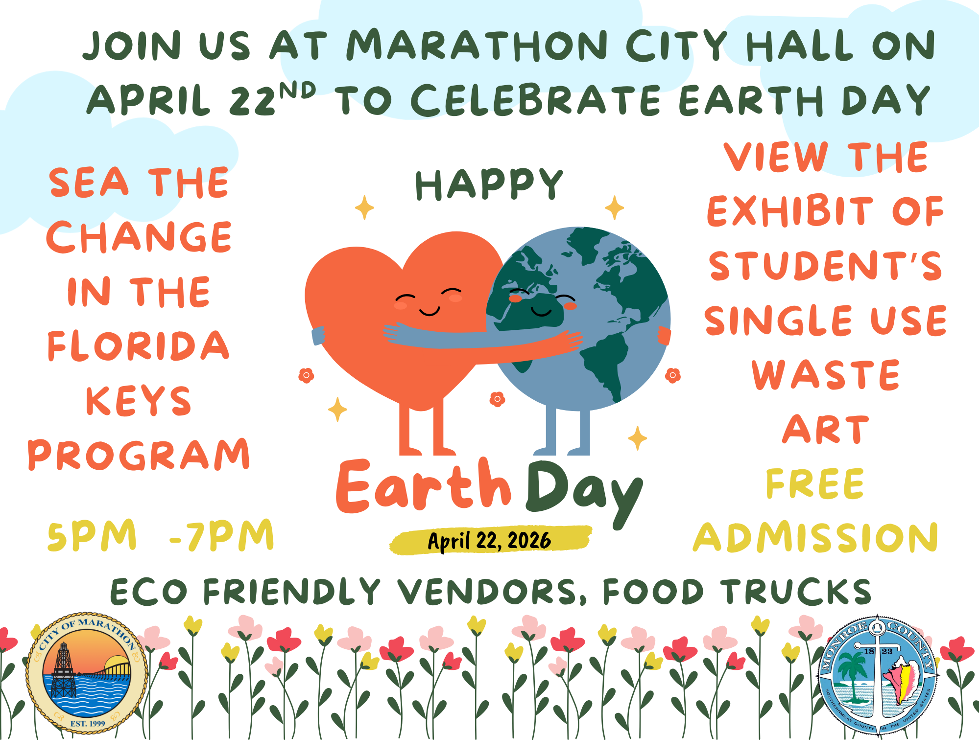 Colorful Earth Day flyer inviting the community to Marathon City Hall on April 22 from 5–7 PM for th